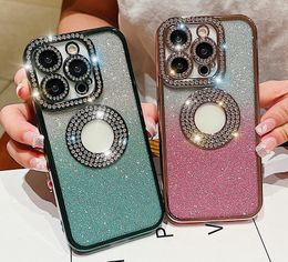 Luxury Bling Diamond Cases For Iphone 15 Plus 14 Pro MAX 13 12 11 Fashion Ring Hole Shinny Glitter Gradient Fine Hole Metallic Plating Rhinestone Soft TPU Phone Cover