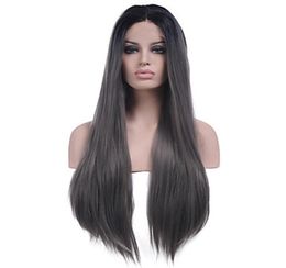 Cheap Long 2 Tones Synthetic Lace Front Wig Gray Grey Silver Ombre Hand Tied Silky Straight Wigs Dark Roots Heat Resistant Fiber H6890841