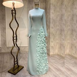 Elegant 3D Flower Beaded Evening Dresses 2024 High Collar Long Sleeve Muslim Evening Gown Sheath Satin Formal Dress