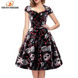 Dress Halloween Skull Print Gothic Dress Women Vintage Square Collar Wrapped Chest Big Size 4XL Swing Rockabilly Pin Up Retro Dresses