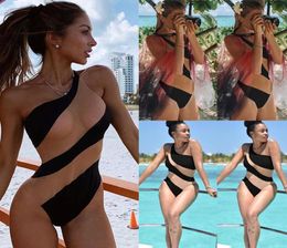 2019 Newest Women One Piece Bikini Pushup Padded Swimsuit Bathing Swimwear Beach Monokini Stripe Skinny One Shoulder4273337