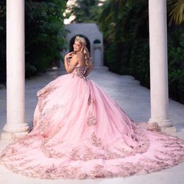 Pink Shiny Quinceanera Dress Off The Shoulder Ball Gown Gold Lace Applique Beaded Tull Corset Sweet 16 Vestidos De XV 15 Anos