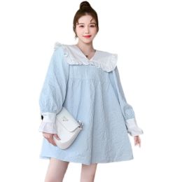 Dresses 2022 autumn plus size woman clothes sweet peter pan collar long sleeve pregnant women aline dress maternity empire dobby dress