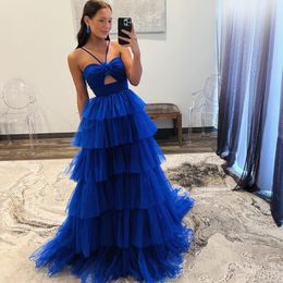 Blue Women's Prom Dresses Halterneck Tulle Layered Evening Dresses Formal Party Dresses Handmade Flower Long robe de soiree