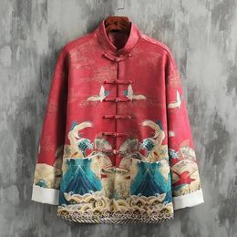 Spring And Autumn Chinese Style Tang Costume Mens Youth Crane Standing Collar Pan Buckle Printed Hanfu Coat 240220