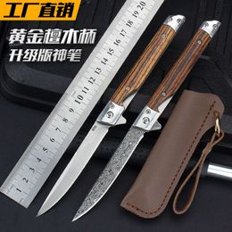 New Sandalwood Handle Divine Pen Damascus Small Stainless Steel Fruit Camping Outdoor Folding Knife 385522