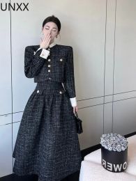 Suits UNXX Elegant Vintage Tweed 2 Piece Skirt Suits Female Stand Collar Sinlebreasted Short Woman Jacket Long Skirt Two Piece Sets