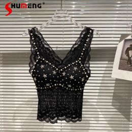 Camis 2022 Summer New Rhinestone Beaded Design Lace Mesh Slim Fit Chest Pad Vest Sling Women Clothes Tank Top Woman Sexy