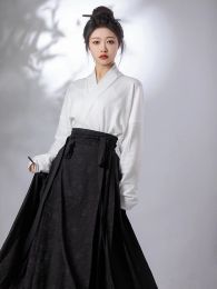 Skirts Chinese Style Hanfu Dress Suit Knitted Cross Collar Blouse Black Horse Face Skirt Original and Improved Modern Hanfu Daily Shirt