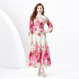 Elegant Floral Vacation Cardigan Maxi Dresses Women Stand Collar Designer Long Sleeve Casual Dress Ladies Beach Party Robes Clothes