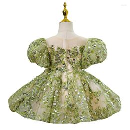 Girl Dresses Summer Toddler Baby Girls Green Flower Sequin Dress For Wedding Birthday Party Bow 1-14-Year-Old Kids