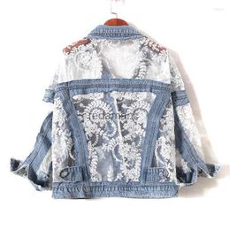 Women's Jackets Womens Jackets Embroidered Cutout Lace Panel Denim Womens Summer Jeans Protection Clothing Splice 240305