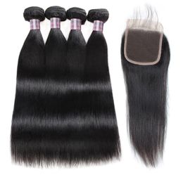 Ishow Straight Extensions Weave 4Bundles and 4x4 Lace Closure Virgin Human Hair Bundles with Closure for Women Girls Jet Black All1523310