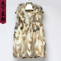 Fur Winter Women Genuine Rabbit Fur Vest Long Style 100%Natural Rabbit Fur Hooded Vest Women's Authentic Rabbit Fur Vests