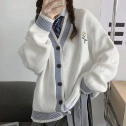 Cardigans Deeptown Korean Style White Oversize Sweater Cardigan Women Harajuku Preppy Fashion Vneck Jumper Pullover Female Kawaii Tops