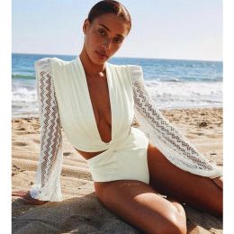 Swimwear 2022 New One Piece Swimsuit Retro Long Sleeve Solid White Swimwear Women Bandage Bathing Suits Strappy Backless Beach Wear