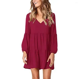 Casual Dresses Women Polyester Dress Stylish V-neck Long Sleeve Women's For Daily Wear Loose Comfortable Solid Color Summer Elegant