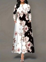 Dress 2023 Autumn Boho Fashion Maxi Dress Women Retro Print Casual Loose O Neck Long Sleeve Pocket Robe Vestidos Elegant Long Dresses