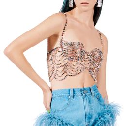 Camis Women Colourful Rhinestone Crop Top Camis Backless Sexy Backless Hollow Out Shiny Crystal Metal Chain Lady Festival Camisole Tops