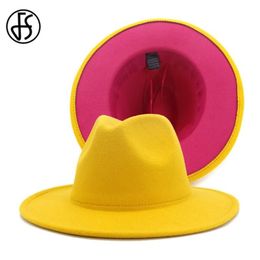 FS Yellow Rose Patchwork Wool Felt Jazz Fedora Hats Women Unisex Wide Brim Panama Party Trilby Cowboy Cap253R