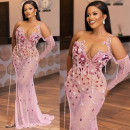 Pink Prom Dresses for Black Women Mermaid Evening Dresses Sheer Neck Mirror Sequins Illusion Formal Dress Side Split Sexy Birthday Gowns for Special Occasions NL592