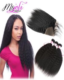 Peruvian Human Hair Wefts with Closure 13x4 Frontal Unprocessed Natural Hair Ear To Ear Kinky Straight Yaki Hair Weave 3 Bundles F7038530