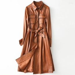 Women's Leather Sheepskin Spring And Autumn Long Waistband Fur Jacket Trendy Coat