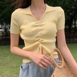 Blouse Lucyever Korean Drawstring V Neck T Shirt Women Summer Elastic Knitted Short Sleeve Crop Tops Ladies 2021 Wild Yellow Tees Top