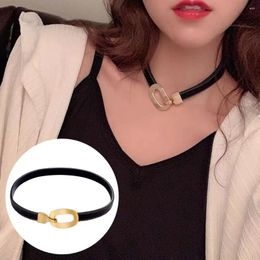 Choker Black Faux Leather Rope Necklace With Metal Clasp Punk Style Hip Hop Jewellery For Women Short Wide Design