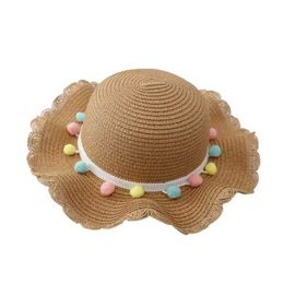 Wide Brim Hats Bucket Hats Childrens and Girls Wide Brim Straw Woven Sun Protection Beach Hat Colourful Fluffy Ball Summer Softwood Bucket Lid Portable Han J240305