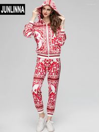 Women's Two Piece Pants JUNLINNA Autumn Winter Women Set Fashion Red Porcelain Printing Hooded Jacket Trousers High Street Suit