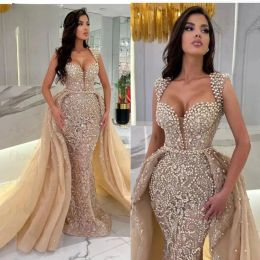 Elegant Champagne Evening With Detachable Skirt Cap Sleeve Off Shoulder Pearls Beads Arabic Middle East Formal Mermaid Prom Dress Custom Made