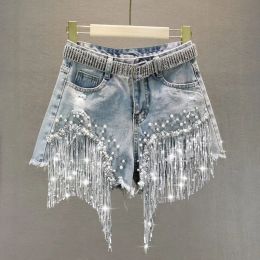 Jeans Denim shorts for women in summer, high waisted and slim, mesh red, same style with holes, studded beads, sequins, tassels, wide