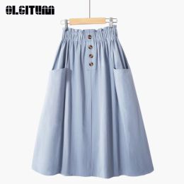 skirt Hot Sale 2020 Spring Summer Casual Women Midi Skirt with Pocket Pure Colour High Waist School Skirts Female Cotton Summer Skirt