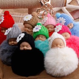 winter Cute Fluffy Pompom Sleeping Baby Doll Keychains Soft Faux Fur Ball Pendant Key Chain Car Keyring Cellphone Charm282f