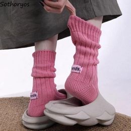 Women Socks Mid-tube Pile Up Letter Label Heavy Thread Knitting Solid Japanese Sweet Autumn Winter Simple Casual Fashion Ins