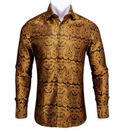 BarryWang Gold Paisley Bright Silk Shirts Men Autumn Long Sleeve Casual Flower Shirts For Men Designer Fit Dress Shirts BCY036997893