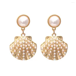 Dangle Earrings Personality Light Luxury Holiday Style Exaggerated Gold Color Alloy Shell Inlaid Pearl Women