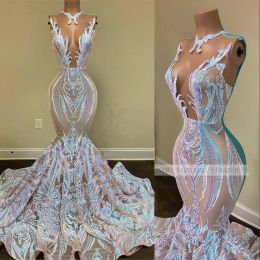 Sequins Sparkly Mermaid African Evening Dresses Wear Black Girls Jewel Neck Illusion Long Graduation Dress Plus Size Formal Sequined Prom Gowns