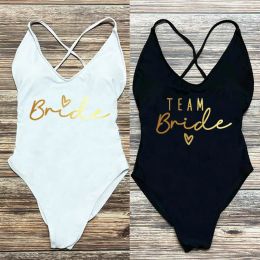 Swimwear S3XL Gold Print Team Bride OnePiece Swimsuit Squad Women Swimwear Sexy Padded Bachelorette Party Bathing Suit Summer Beachwear