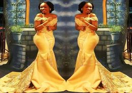 African Nigerian Yellow Mermaid Prom Dresses Off Shoulders Lace Sequined Satin Evening Prom Gowns1313930