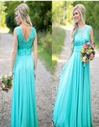 Country Style Turquoise Bridesmaid Dresses Scoop Lace Chiffon V Backless Long Plus Size Maid of Honor Dresses Maxi Wedding Party G1410386