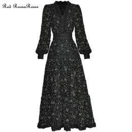 Dress Red RoosaRosee Threedimensional Floral Embroidery Vneck Lantern Sleeve White Maxi Dress 2023 Autumn Women Vestidos Robe Femme