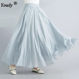 Dresses 2021 Women Casual Loose Long Skirts Linen Cotton Long Skirts Elastic Waist Pleated Maxi Skirts Beach Boho Vintage Summer Skirts