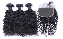 Brazilian Jerry Curly Hair 3 Bundles with Closure Middle 3 Part Double Weft Human Hair Extensions Dyeable Human Hair Weave2855277