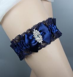 Navy Blue Wedding Garters For Bride Bridal Leg Garters Belt set Lace Rhinestones Crystals Plus Size Bow Flowers handmade1312308