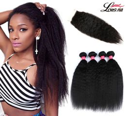 Brazilian Kinky Straight Hair Weave Bundles With Closure Part 100 Yaki 3 Bundles With Lace Closure Yaki Straight Human Virgi3579141