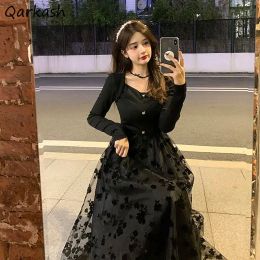 Dress Black Floral Dress Women Gothic Sweet Princess Designed Chic Autumn Graceful Vintage Aesthetic Defined Aline Midi Trendy Mature