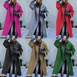 Blends Autumn and Winter Long Woolen Coat Color Temperament Commuter No Belt Lapel Loose Type Woolen Green Coat Female