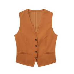 Waistcoats YENKYE 2023 Women Front Button Orange Cropped Linen Blend Vest Sleeveless V Neck Female Chic Top